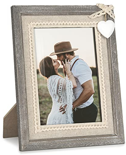 Afuly Holz Bilderrahmen 10x15 Rustikale Braun Fotorahmen mit Weißen Herz und Sackleinen Hochzeitsgeschenke