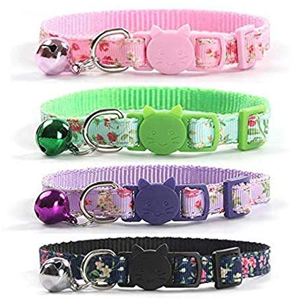 CHUKCHI 4 Pcs Cat Collars Safety Quick Release with Bell-Adjustable Cat Collar with Small Floral Colorful Patterned Soft Strong Nylon Strip for Cat, Pup, Kitty