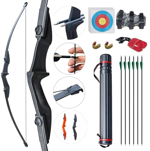 D&Q Recurve Bogen und Pfeil Set 30lbs 40lbs Erwachsene Bogenschießen Langbogen Kit Jagdbogen für Links- und Rechtshänder Anfänger（Schwarz, 40lbs）