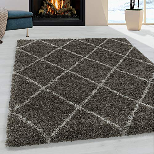 Ayyildiz Moderner Hochflor Teppich - Skandinavischer Stil mit Rautenmuster | Shaggy Teppich | Flauschiger Langflor Wohnzimmer Teppich, Größe:280 x 370 cm, Farbe:Taupe