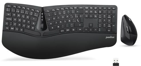 Perixx Periduo-605, Pack de Teclado Ergonómico Inalámbrico, Teclado Dividido y Ratón Vertical con reposamuñecas y Teclas de Membrana Low Profile, Layout QWERTY Español