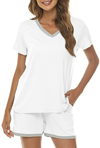 MoFiz Femme Ensembles de Pyjama Été Doux Vêtements de Nuit Col V Manche Courte Haut et Shorts avec Poches