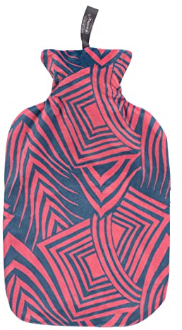 Fashy Wärmflasche mit Plüschbezug in abstraktem Geo, Rot/Marineblau, 2,0 L, 67391 44