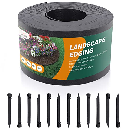 A ANLEOLIFE 40FT Flexible Plastic Landscape Edging Coil, 5 Black Garden Border for Yard, Flower Beds & Pathways, Anti-UV, 12 Stakes for Easy Install