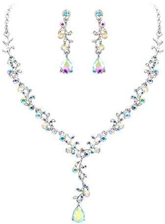 Clearine Juegos de Joyas de Mujer Boda Nupcial Hoja Lágrima Cristal Collar Pendiente Conjunto Filigrana Joyería Conjunto,Color Iridiscente AB Plata-Tono