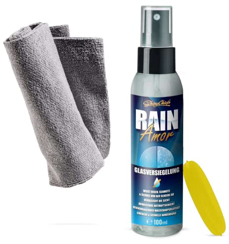 ShinyChiefs RAIN AMOR Set - Autoscheiben-Versiegelung mit hydrophobem Schutz - Lässt Regen und Schnee abperlen - Langer Halt, Glasversiegelung bis zu 2 Monate, 50ml, Microfasertuch & Applikatorpad