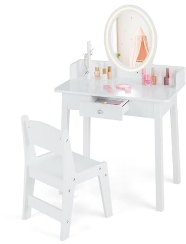 COSTWAY 2 en 1 Coiffeuse Enfants avec Miroir LED & Tabouret, Table de Maquillage avec Tiroir & Organisateur en Forme Arbre, Dispositif Anti-basculement, Charge 50kg pour Enfants de 3-8 Ans