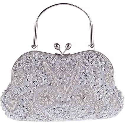 Rockreyoa Damen Clutch Abendtasche mit Perlen Vintage Floral Handtasche Luxury Schultertasche Klein Tasche Pailletten Brauttasche für Hochzeit Geburtstag Bankett Abschlussball Party Champagner