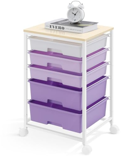 SYKIARIOL 5-Drawer Storage Trolley Rolling Cart, Purple | Mobile Rolling Cart, Plastic Drawers, Multipurpose, for School/Bedroom/Craft Room/Living Room