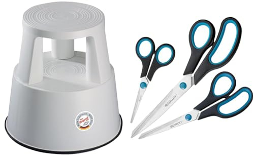 WEDO Step Rollhocker, Kunststoff, Lichtgrau, 43cm & Westcott N-90027 00 Easy Grip Scheren Set, 3 Stück, 13,8cm + 20,1cm + 24,8 cm, schwarz-blau