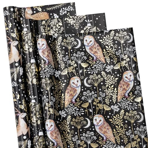 Ruspepa Julomslagspapper, rulle med metallfolieglans – uggla, ren och julboll – 43,2 cm x 3 m per rulle, totalt 3 rullar