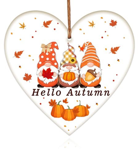 iwiio Hello Autumn Decorations Wooden Heart Hanging Plaque Autumn Gifts Printed Autumn Leaves,Pumpkin, Maple Autumn Accessories Decor for Thanksgiving and Autumn