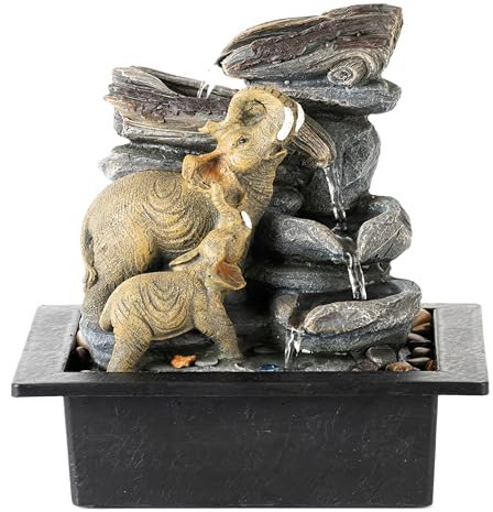 LEOM Indoor Water Fountain With LED Lights, Elephant Statue with Zen Waterfall Features, Tabletop Water Fountains for Relaxation Zen, Desktop Water Fountain for Home & Office Decoration