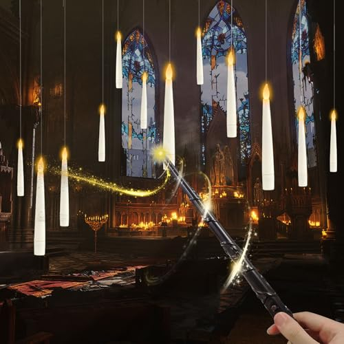 Hengrongshen Floating Candles, 12 Stück 16,8 cm Flackernde Schwebende Kerzen mit Har-ry Potter Zauberstab Fernbedienung, Har-ry Potter Kerzen & Zauberstab Fernbedienung für Halloween Dekoration