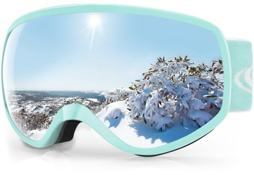 Findway Skidglasögon barn, snowboardglasögon hjälmkompatibla snöglasögon speglade 100 % UV-skydd anti-dimma barn skidglasögon för pojkar flickor 3–12 år, B ljusgrön/silver