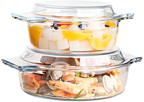 Dokeno 2 teglie con coperchio, in vetro, 1 l+1,5 l, rettangolare, in vetro con coperchio e manico, resistente al calore, per lasagne, carne