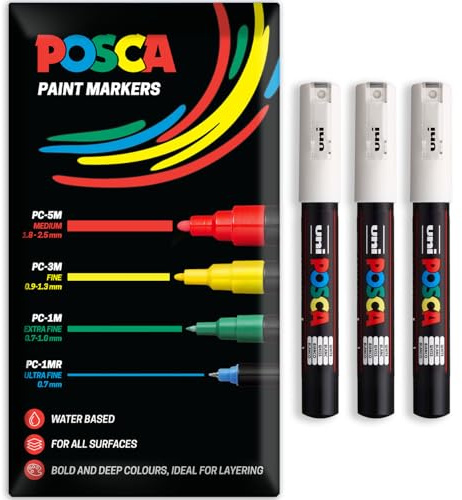 Posca - Pennarello indelebile a base d'acqua – uso multi superficie – PC-1M – Confezione da 3 penne a portafoglio (Bianco)