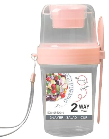 Ensaladera de desayuno con recipiente para aliños, cuenco de con tapa hermética, tenedor incluido, vaso de yogur parfait, vaso de aperitivo con compartimentos para topping, recipiente para