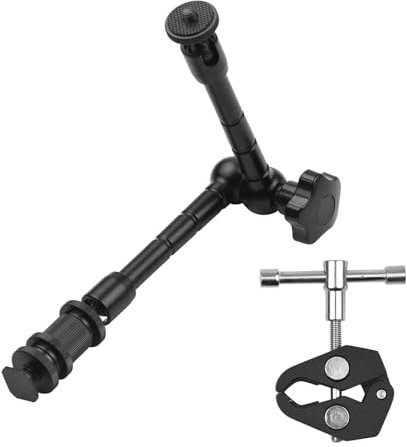 Brazo mágico de fricción articulado de aleación de aluminio de 11 pulgadas con soporte de zapata fría + clip de tubo de súper abrazadera ajustable con agujero de tornillo de 1/4 pulgadas y 3/8