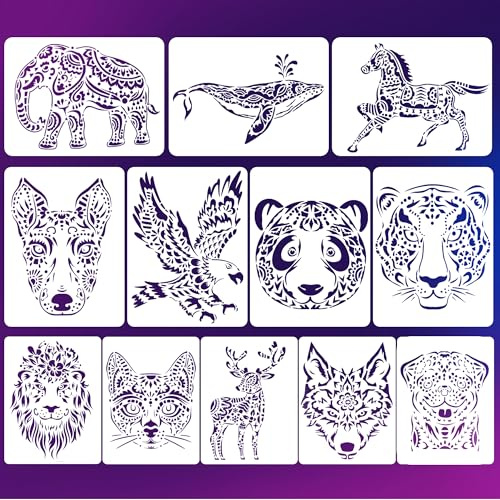 12 Plantillas de Animales Reutilizables (29x21 cm) Plantilla de Plástico Animal Lavable para Pintura Artística - Manualidades Diseños Lavables en Plástico Duradero