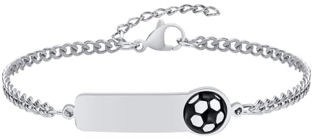 Bracelet Enfant de Football Gourmette Personnalisé - Réglable Acier Inoxydable Bracelet Identification Nom Gravure Figaro Chaîne et Football Cadeau d'Anniversaire pour Enfants Bébés Fille Garcon
