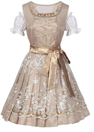 Abito tradizionale da donna, beige, Dirndl da donna, abito tradizionale Dirndl, con camicetta Dirndl, grembiule in pizzo, 3 pezzi, elegante vestito bavarese, raffinato abito per Oktoberfest