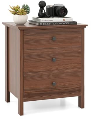 KOMFOTTEU Mesita de Noche con 3 Cajones, Cómoda de Madera para Dormitorio, Mesa Auxiliar Moderno, Mueble de Almacenamiento, Cajonera para Salón, Oficina, 56 x 45 x 66 cm (Nogal)