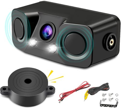3 in-1 Car Rear View Backup Camera with 2 Radar Reversing Detector Parking Sensor BiBi Alarm Vehicle Backup Camera Waterproof 170° Wide Angle 2 LED Night Visions Backup Reversing Parking Cameras