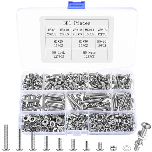 Juego de 381 tornillos M5, tornillos de cabeza alomada, tornillos roscados con cabeza alomada hexagonal, surtido de tornillos de máquina, tornillos de acero inoxidable con arandelas
