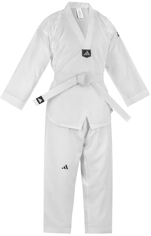 adidas Karate, Taekwondo V-Neck Uniform - Lightweight Polyester Martial Arts Suit with Mesh Inserts for Breathability, Includes White Belt - Ideal for Beginners and Training Sessions - White, 150cm
