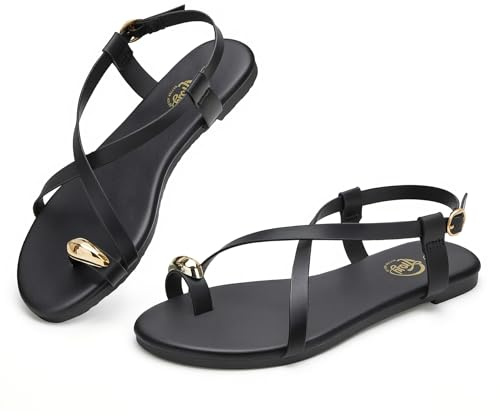 Trary Black Sandals for Women with Adjustable Buckle, Cross Strap Strappy Flat Sandals Casual Comfortable Toe Loop Summer Shoes, Size 9