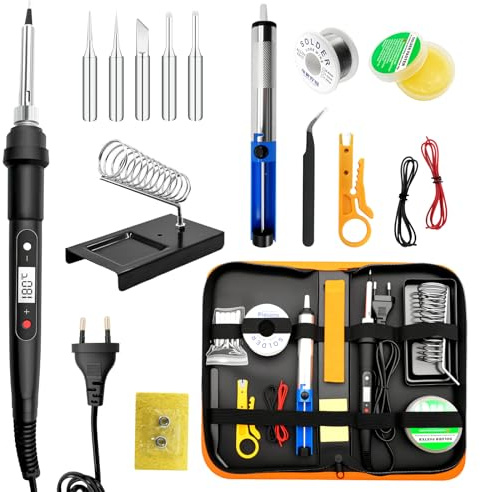 Fer à Souder 100W – Régulation de Température LCD de 180° à 520°C,Kit de Soudure 16-en-1 avec 50g d'Étain, 5 Pointes de Soudure,Pompe à Désouder,Support de Fer et Pince – pour Électroniques