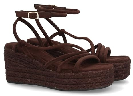 shoes&blues.es 102141 Sandalia de Mujer con Cuna y Diseno de Tiras Finas, Nudos Decorativos y Plataforma de Yute, Suela Ligera, Acolchada y Comoda. Cierre de Hebilla, Ideal Verano. Marron Talla 39