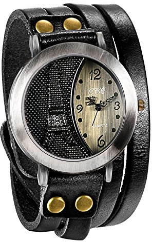 JewelryWe Damenuhr Eiffelturm Leder Armbanduhr: Retro Eiffelturm Design mit Strass Analog Quarz Armbanduhr Damen Herren Schwarz Lederarmband Wickelarmband Lässige Uhr mit Einfach Digital Zifferblatt