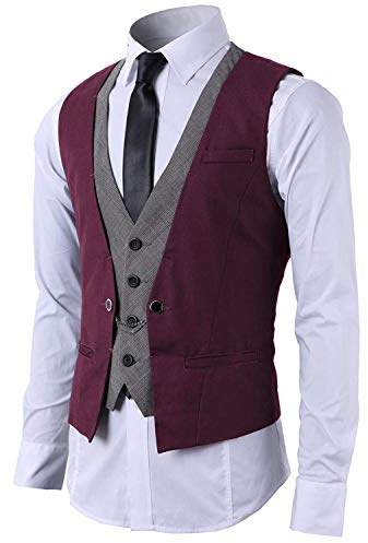 STTLZMC Hombre Chaleco de Traje Blazers Waistcoat sin Manga 2in1 Formal Boda Ceremonia,Vino,Large