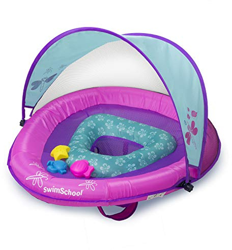 SwimSchool Deluxe Baby Pool Float with Adjustable Canopy - 6-24 Months - Baby Swim Float with Splash & Play Activity Center Safety Seat - Pink/Aqua