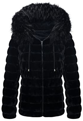 Bellivera Women Reversible Puffer Faux Fur Winter Jacket Black L