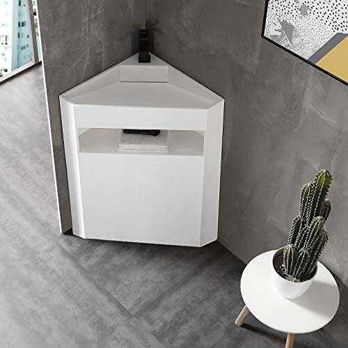 BERNSTEIN - Vasque D'angle Lavabo Colonne au sol fonte minérale Blanc mat à poser 50x50x90cm + Ecoulement central - Design, Robuste & Durable - TWZ70