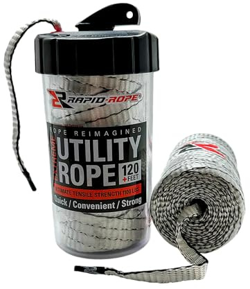 Rapid Rope Canister 120ft White Flat Tactical Paracord, Made in USA, 1100lb Tested Heavy Duty Poly Rope Test Cord, Non-Tangle Dispenser Included - Hiking, Camping, Survival, Utility, Climbing