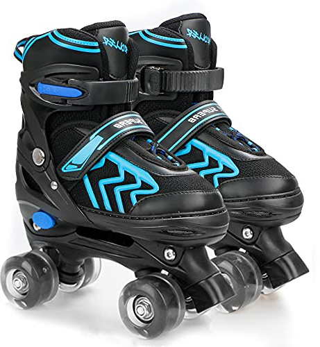 Kids Roller Skates for Boys Adjustable Roller Skates for Boys, Girls with 8 Wheels Lighting for Indoor Outdoor Quad Skates (Black&Blue, Medium - Big Kid)