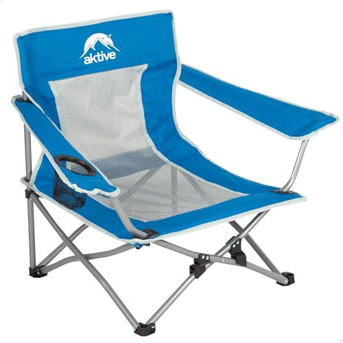 AKTIVE Silla Plegable, 49x46x60 cm, Azul, Asiento bajo, Posavasos, Topes antivuelco, Soporta 110 kg, Estructura Acero, Tejido poliéster, Asa Hombro, Plegado acordeón, Sillas Plegables (63061)
