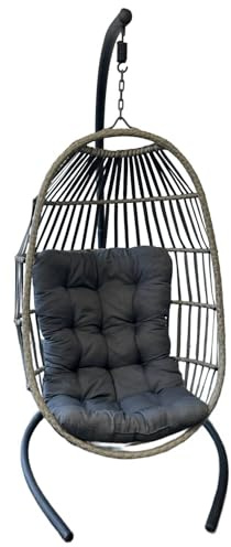 SEDOL Hanging Egg Chair with Stand – Foldable Rattan Swing Chair for Garden, Patio or Balcony – Indoor Outdoor Collapsible Hanging Seat with Cushion – Summer Relaxation Garden Chair (Grey)
