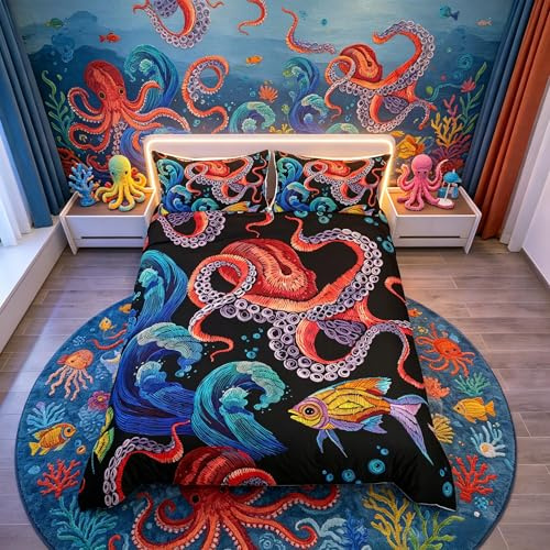 Homemissing - Set di biancheria da letto con copripiumino e federa, con tentacoli di polpo rosso e pesci tropicali, per ragazzi, ragazze e adolescenti, copripiumino sottomarino traspirante, per letto