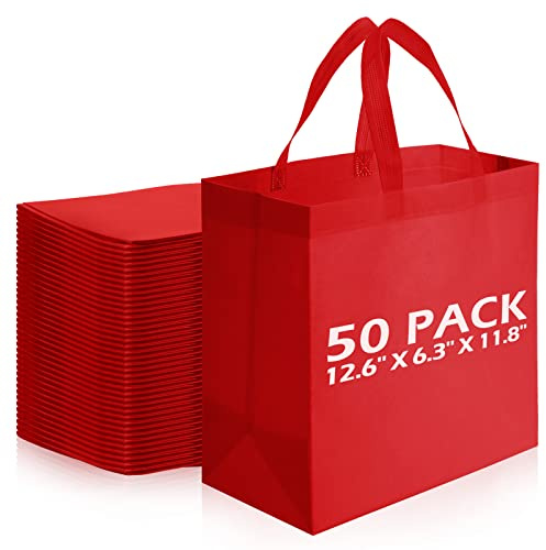 Reginary 50 Pieces Reusable Totes Bag Bulk Shopping Bags Non Woven Grocery handbag with Handles Foldable for Boutiques(Red)