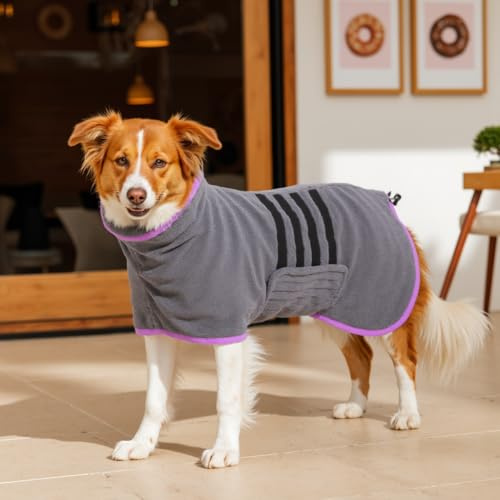 HezzLuv Microfiber Dog Drying Coat – Super Absorbent & Quick-Drying Dog Robe – Adjustable Fit for Medium to Large Dogs – Ideal for Bath, Swim & Wet Walks(Purple, S)