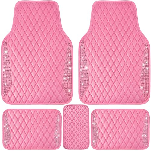 CAR PASS Bling Leather Car Mats Shining Diamond Floor Mats Crystal Rhinestones Sparkly Glitter Carpet Anti-Slip Waterproof Pad Universal Fit for Automotive SUV, Sedan, Van, 5pcs for Girl Women Pink