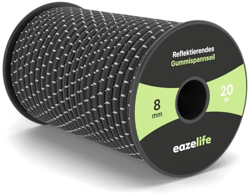 Gummirep på rulle – reflekterande, väderbeständigt, kan skäras till, mycket elastiskt, hållbart, mångsidigt expanderrep för släpvagnar, segelsport, fiske och utomhus (svart, 8 mm x 20 m)