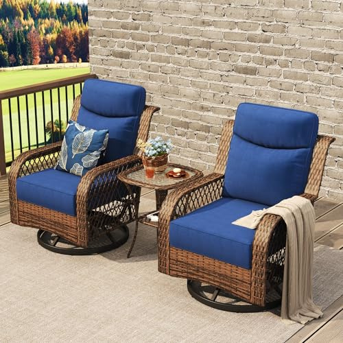 PIZZELLO Patio Bistro Set 3 Piece Wicker Rocking Chairs Sets Outdoor Swivel Chair Furniture Set with Rattan Side Table, 5 Thick Cushion Glide Rocker for Outside Porch Deck Garden Backyard