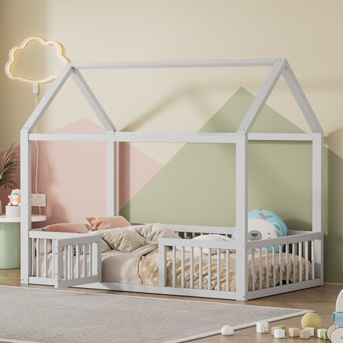 MSMOK Cama de madera maciza, cama doble, cama de casa, cama plana, cama de casa con puerta, blanco (90 x 200)