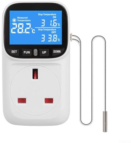 Oniissy Digital Temperature Controller, LCD Screen Heating Cooling Temperature Switch, Thermostat Outlet Socket with Sensor, 230V Digital Thermostat for Greenhouse Farm Terrarium Reptile